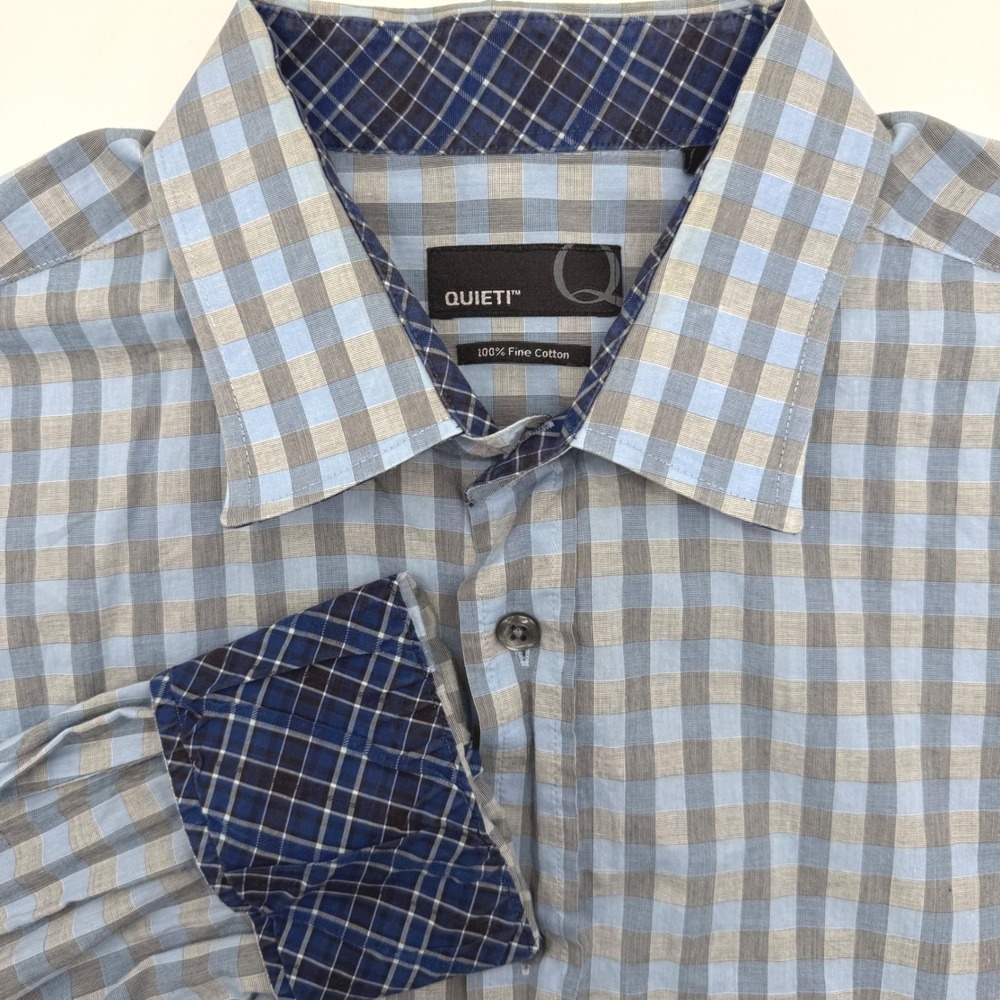 Quieti Button Down Shirt Mens XXL Blue Grey Gingham‎ Check Long Sleeve Cotton